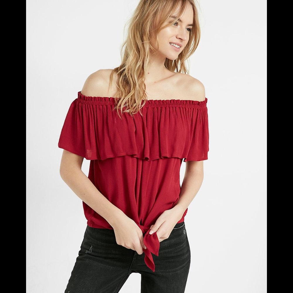 Express Tie Front, Off the Shoulder Ruffled Top